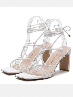 NIB Chinese Laundry Yita Strappy Lace Up Sandals Square Toe Block Heel White 8.5